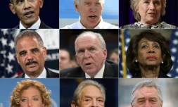 Montage des personnalités visées, du haut vers le bas et de gauche à droite: Barack Obama, Joe Biden, Hillary Clinton, Eric Holder, John Brennan, Maxine Waters, Debbie Wasserman Schultz, George Soros, Robert de Niro