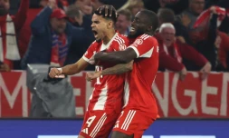 Luis Diaz, auteur du troisiĂšme but du Bayern, et Dayot Upamecano exultent face au Real Madrid, le 15 avril 2026 Ă Munich