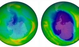 A combination of two images released by the Nasa Earth Observatory on December 1, 2009 showing the size and shape of the ozone hole in 1979 (L) and in 2009