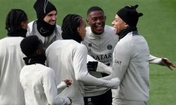 Les Parisiens, dont Kylian Mbappé (à droite), préparent leur quart de finale contre Barcelone, le 9 avril 2024 au Campus PSG  