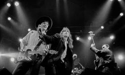 Goran Bregovic, Alen Islamovic et Zoran Redzic du groupe "Bijelo Dugme" sur scÚne le 2 février 1989 à Belgrade