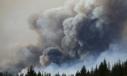 De fortes émanations de fumées au-dessus de l'autoroute 63 aux abord de Fort McMurray le 7 mai 2016