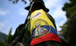 Un membre du Front Carlos Patino, faction de la dissidence des Farc, prÚs de champs de coca dans le canyon del Micay, dans le département du Cauca, le 24 mars 2024 en Colombie