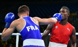 Le boxeur français Mathieu Bauderlique face au Cubain Julio Cesar La Cruz en quart de finale des moins de 81 kg, aux JO de Rio le 16 août 2016