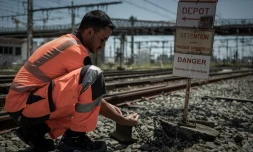 Un employé de la SNCF vérifie la température des voies ferrées à l'extérieur de la gare de Bordeaux, le 15 juin 2022