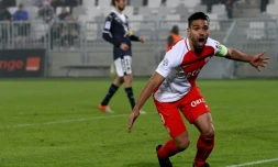 La joie de l'attaquant de Monaco Radamel Falcao après l'un des ses 3 buts contre Bordeaux, le 10 décembre 2016 au Matmut Stadium