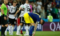 La joie des jouers allemands à l'issue de leur victoire in extremis face à la Suède à Sotchi, le 23 juin 2018