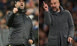 L'entraîneur de Liverpool Jürgen Klopp (g) lors du 8e de finale de C1 contre le Bayern à Munich le 13 mars 2019 et l'entraîneur de Manchester City Pep Guardiola lors du match contre Leicester le 6 mai 2019 à Manchester