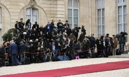 Des journalistes à l'Elysée le jour de l'investiture d'Emmanuel Macron, le 14 mai 2017