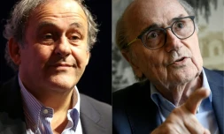 L'ancien footballeur français Michel Platini lors d'une cérémonie au musée national du sport de Nice le 22 novembre 2019, et l'ancien président de la Fifa Sepp Blatter photographié lors d'une interview avec l'AFP à Zurich le 28 mai 2019