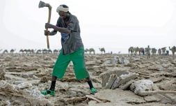 Un homme extraie du sel sur les bords du lac Assalé dans la région de la dépression du Danakil, le 28 mars 2017 à Afar, en Ethiopie