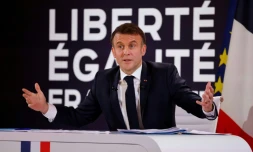 Le président Emmanuel Macron lors d'une conférence de presse, le 16 janvier 2024 à l'Elysée, à Paris.