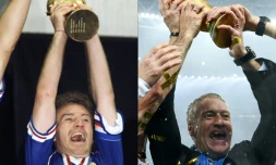 Deux étoiles, deux trophées pour Didier Deschamps: comme joueur en France (g) en 1998 et comme sélectionneur à Moscou en 2018 