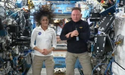 Les astronautes de la Nasa Butch Wilmore et Suni Williams lors d'une conférence de presse depuis la Station spatiale internationale (ISS) le 13 septembre 2024