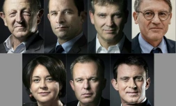 Un photomontage fait le 17 décembre 2016 des candidats à la primaire de la gauche: de gauche à droite: Jean-Luc Bennahmias, Benoît Hamon, Arnaud Montebourg, Vincent Peillon, Sylvia Pinel, François de Rugy et Manuel Valls