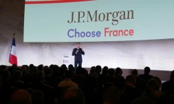 Le président Emmanuel Macron lors d'un discours pendant la conférence Global Markets en amont du sommet Choose France, à Paris le 15 mai 2025