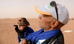 Un chasseur de météorite dans le sud du Maroc examine une roche près de l'oasis de M'hamid el Ghizlane, le 25 mars 2018