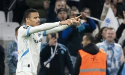L'attaquant anglais de l'OM, Mason Greenwood, après son but contre Nantes lors de la 24e journée de L1, le 2 mars 2025 à Marseille 