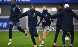Les joueurs de l'équipe de France à l'entraînement, le 19 mars 2018 à Clairefontaine