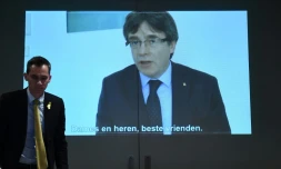 Le discours de Carles Puigdemont lors de la réception du nouvel an du parti nationaliste flamand belge Nouvelle Alliance flamande, le 30 janvier 2018 à Louvain