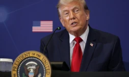 Le président américain Donald Trump prend la parole lors du Sommet sur la défense et l'innovation de Pennsylvanie, organisé à l'US Army War College le 15 juillet 2026 à Carlisle, aux Etats-Unis