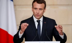 Le président français Emmanuel Macron lors d'une conférence de presse avec la PremiÚre ministre néo-zélandaise Jacinda Ardern à l'Elysée, le 16 avril 2018.