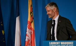 Laurent Wauquiez lors d'une conférence de presse après le second tour des élections régionales, à Lyon, le 27 juin 2021