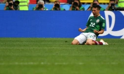 L'attaquant mexicain Hirving Lozano exulte après son but contre l'Allemagne lors du Mondial, le 17 juin 2018 à Moscou
