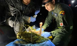 Un des enfants retrouvés vivants dans la jungle colombienne est examiné par les sauveteurs militaires, le 9 juin 2023