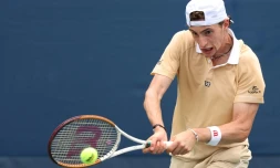Ugo Humbert lors de son premier tour de l'US Open contre l'Allemand Peter Gojowczyk le 30 août 2021 à New York