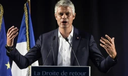 Le vice-président des Républicains, Laurent Wauquiez, candidat à la présidence du parti, prononce un discours aux Estables en Haute-Loire, le 3 septembre 2017