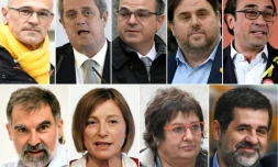 Montage créé le 26 octobre 2018 montrant des dirigeants séparatistes emprisonnés: en haut de G à D Raul Romeva, Joaquim Forn, Jordi Turull, Oriol Junqueras, Josep Rull, en bas de G à D Jordi Cuixart, Carme Forcadell, Dolors Bassa et Jordi Sanchez