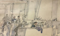 Croquis du tribunal montrant trois des prĂ©venus, lors du procĂšs Ă Paris de huit personnes accusĂ©es d'ĂȘtre impliquĂ©es dans l'assassinat du professeur d'histoire-gĂ©ographie Samuel Paty