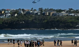 Des habitants marchent sur une plage de Sydney fermée à la suite d’une attaque de requin à Long Reef Beach tandis qu'un hélicoptère survole la zone, le 6 septembre 2025.