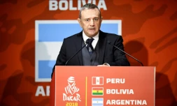 Etienne Lavigne, le patron du rallye-raid Dakar, en conférence de presse, le 22 janvier 2017 à Paris