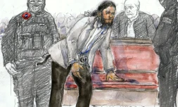 Un croquis d'audience montre Salah Abdeslam, pendant son procÚs au Palais de Justice de Bruxelles, le 7 février 2018