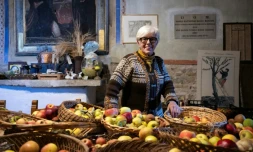 L'agronome italienne Isabella Dalla Ragione pose dans une petite église où elle entrepose des fruits cultivés par sa fondation à but non lucratif Archeologia Arboreas, à San Lorenzo di Lerchi, un hameau de Città di Castello, en Italie, le 7 novembre 2025