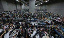 Des milliers de parapluies perdus, stockés dans le centre des objets trouvés de la police métropolitaine de Tokyo, le 2 août 2024 dans le quartier d'Iidabashi