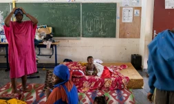 Des personnes touchées par le cyclone Chido attendent avant une distribution de nourriture à l'école primaire Paulette Henry dans la ville de Mamoudzou, sur l'archipel français de Mayotte dans l'océan Indien, le 29 décembre 2024