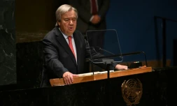 Le secrétaire général de l'ONU Antonio Guterres à la tribune de l'Assemblée générale de l'ONU, le 19 septembre 2023 à New York
