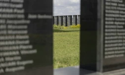 Murs de noms de victimes du génocide des Tutsi au mémorial Murambi de Nyamagabe, au Rwanda, le 12 mars 2024