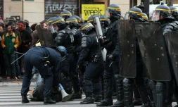 Un manifestant immobilisé par les forces de l'ordre, le 29 novembre 2015 à Paris