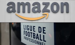Combo réalisé le 11 juin 2021 avec le logo d'Amazon au centre de distribution de Staten Island le 30 mars 2020 et le logo de la Ligue de football professionnel à son siège à Paris le 1er février 2021