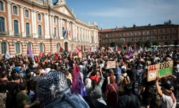 Manifestation de soutien aux militants à bord d'un bateau intercepté par les forces israéliennes en route pour Gaza, à Toulouse, le 9 juin 2025
