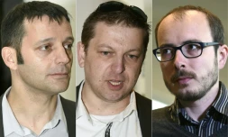 Combinaison de photos du 26 avril 2016 des trois accusés du scandale Luxleaks (de G à D) le journaiste français Edouard Perrin, et les anciens employés de PricewaterhouseCoopers (PwC), Raphael Halet et Antoine Deltour