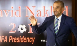 David Nakhid, ex-capitaine de l'équipe de Trinité-et-Tobago, lors d'une conférence de presse, le 28 septembre 2015 à Beyrouth 