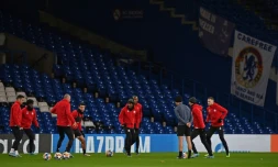 Les joueurs de Lille à l'entraßnement à Stamford Bridge, le stade de Chelsea à Londres, le 21 février 2022