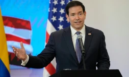 Le secrétaire d'Etat américain Marco Rubio tient une conférence de presse lors d'une cérémonie de signature d'accords bilatéraux avec le président colombien Abelardo de la Espriella (hors-champ) à Barranquilla, en Colombie, le 8 septembre 2026
