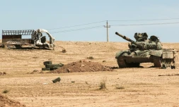 Des membres des forces progouvernementales irakiennes avancent vers le site antique de Hatra, au sud-ouest de Mossoul, le 26 avril 2017