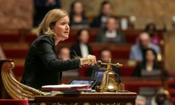 La présidente de l'Assemblée nationale, Yaël Braun-Pivet, lors d'une session pour débattre du projet de loi de financement de la sécurité sociale pour 2026 (PLFSS) avant le vote à l'Assemblée nationale,à Paris, le 12 novembre 2025.